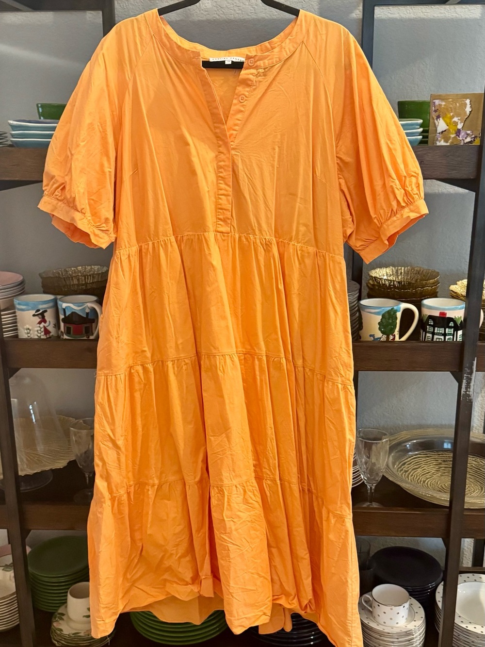 English Factory Orange Tiered Midi Dress with Puff Sleeves